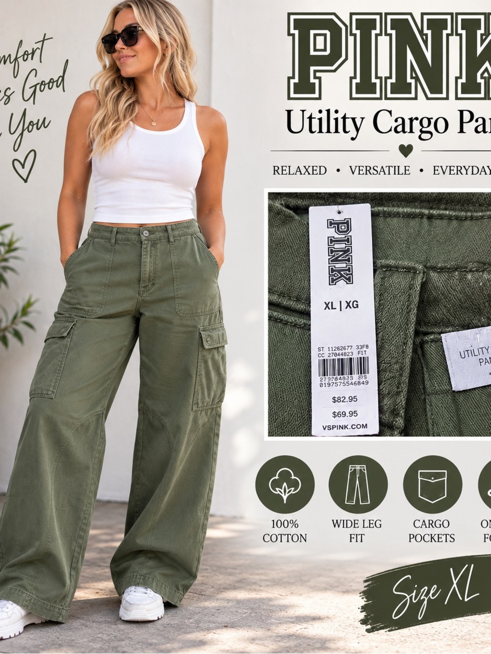 PINK Utility Cargo Pants Olive Green XL Wide Leg 100% Cotton NWT